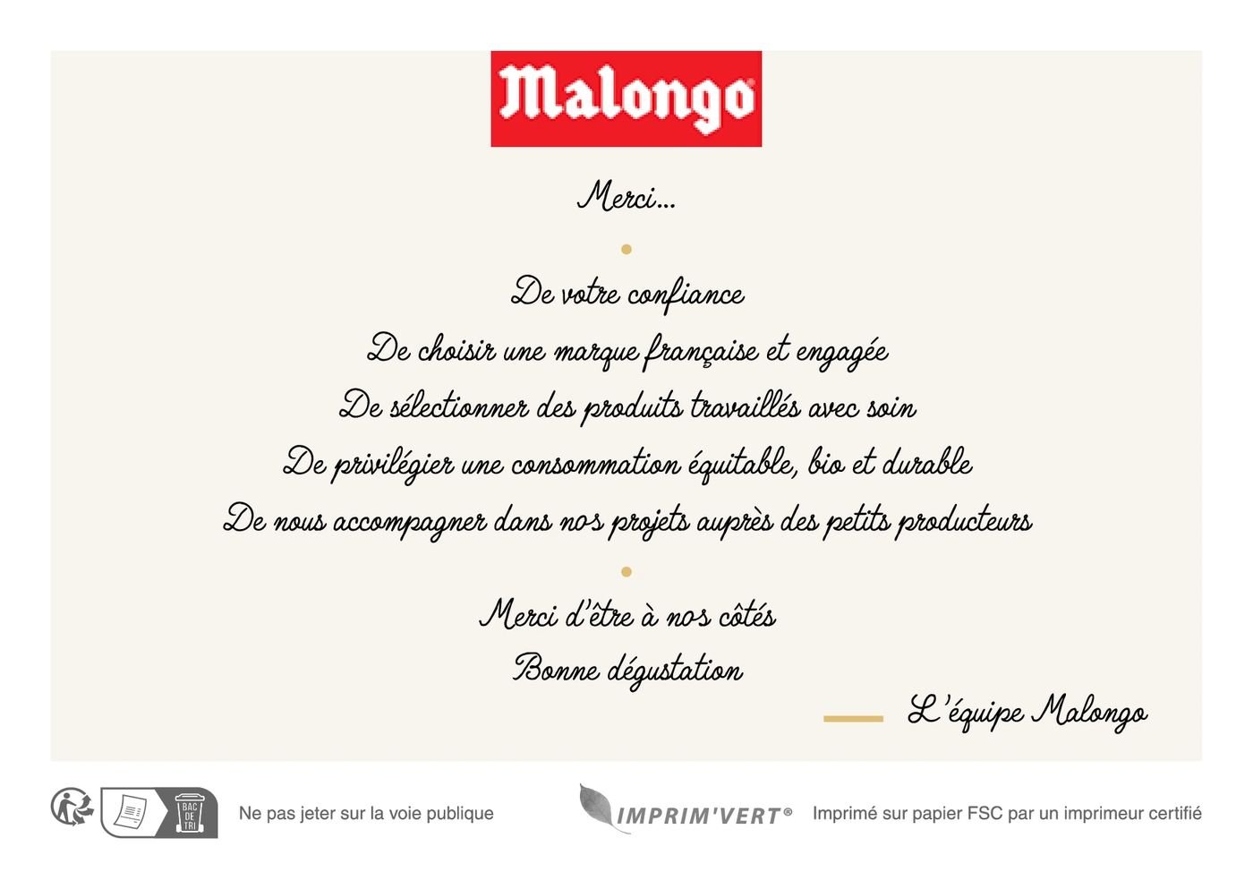 Carte Malongo, verso : texte de remerciement manuscrit